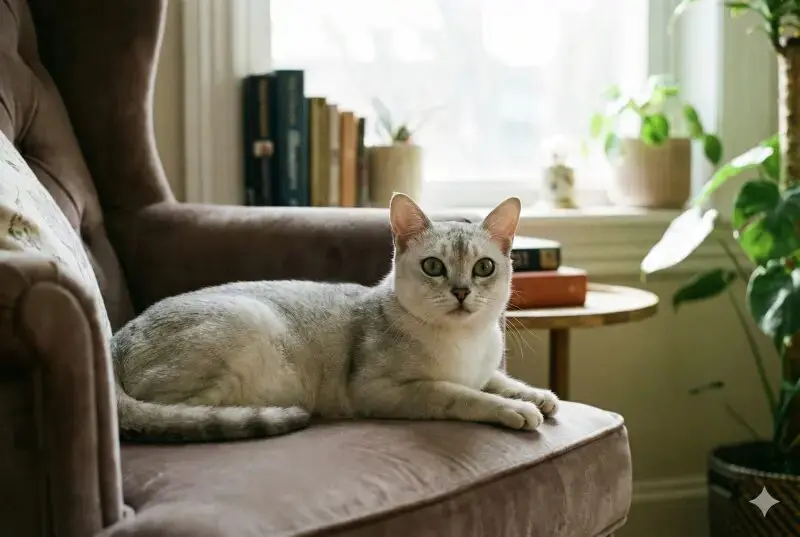 Un gatto Burmilla dal pelo corto argentato e grandi occhi verdi è sdraiato su una poltrona di velluto marrone.