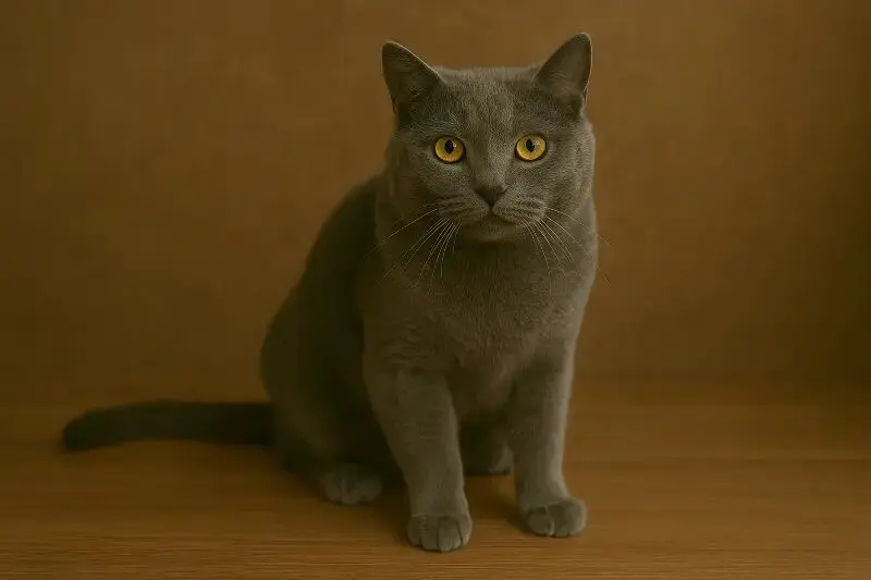 Gatto Chartreux grigio con occhi gialli seduto su pavimento in legno