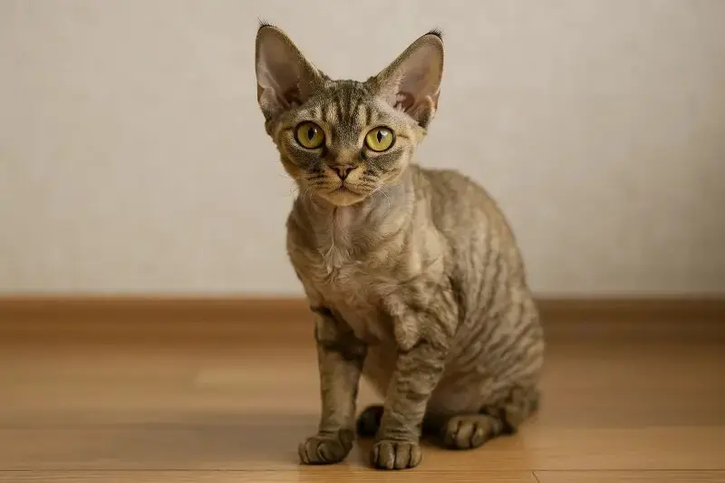 Gatto Devon Rex con grandi orecchie e pelo ondulato seduto su pavimento in legno