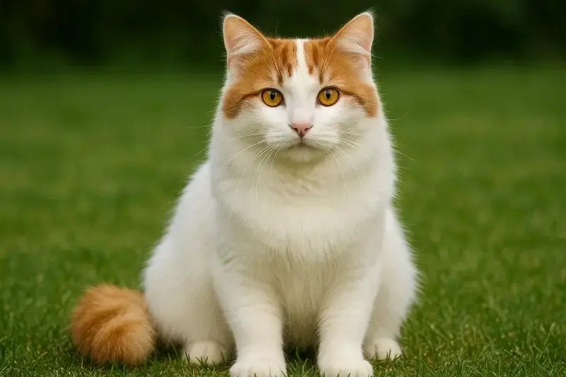 Gatto Van Turco bianco con macchie rosse seduto su un prato verde, in posa frontale con zampine anteriori visibili e sguardo attento.
