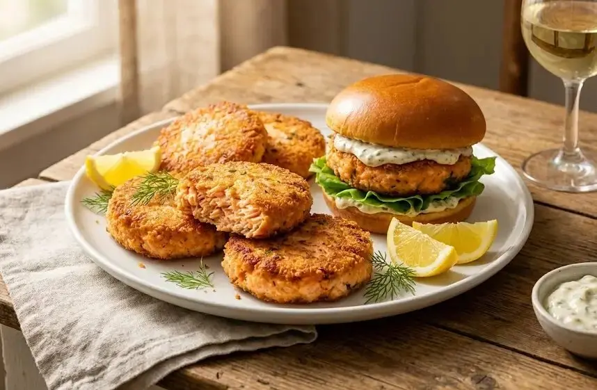 piatto con Burger di salmone e patate