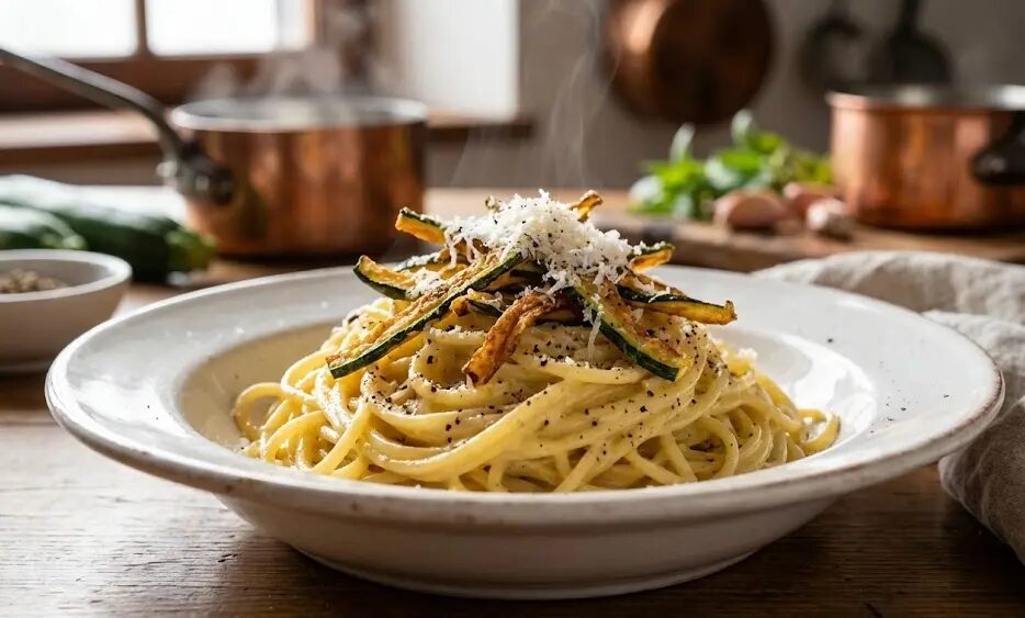 Piatto di Carbonara vegetariana di zucchine
