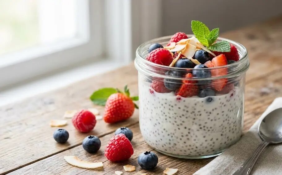 barattolo di Chia Pudding al latte di cocco e frutti rossi