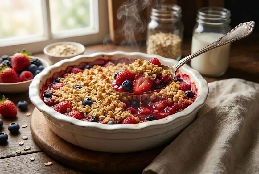 Crumble Leggero ai Frutti Rossi fumante al cucchiaio