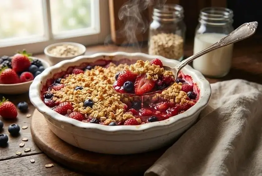 Crumble Leggero ai Frutti Rossi fumante al cucchiaio
