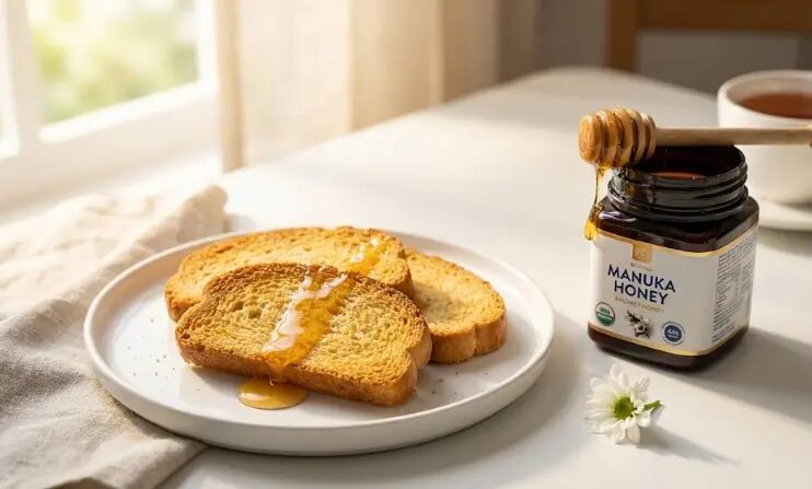 piatto con Fette biscottate con miele di Manuka