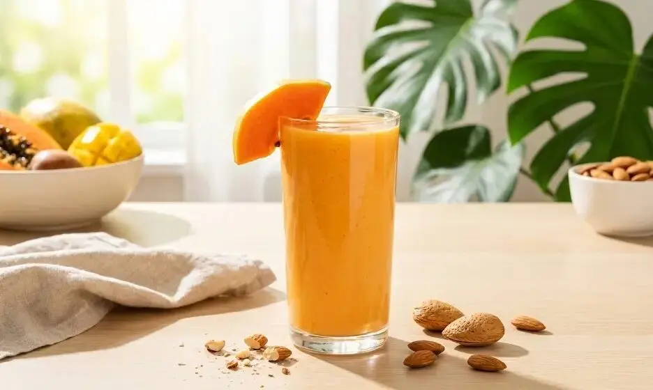 bicchiere con Frullato di papaya e latte di mandorla