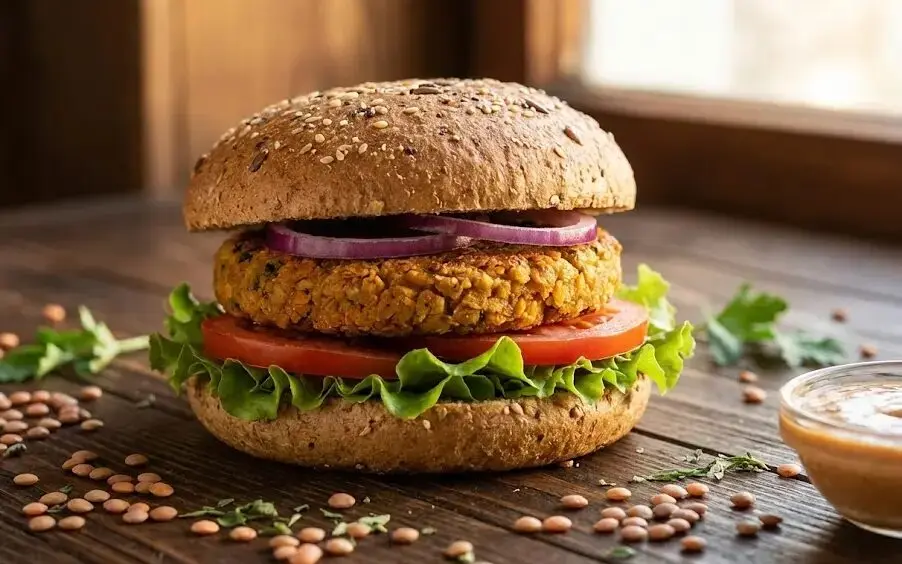 Hamburger di Lenticchie Light su tavolo di legno