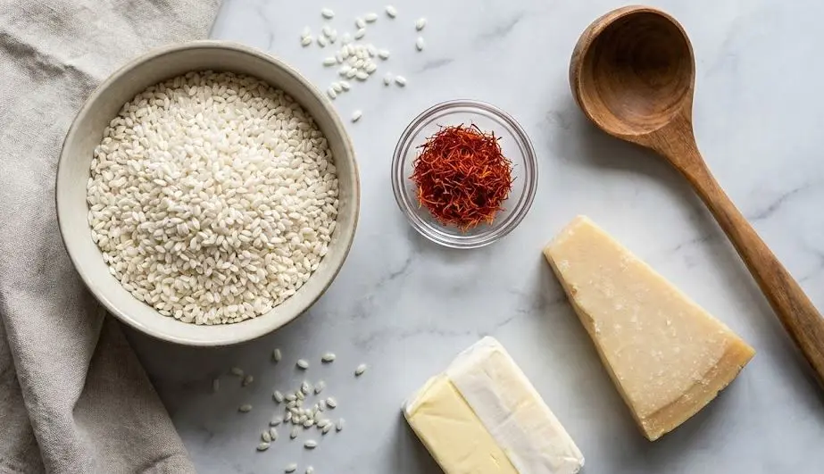Ingrediendi del Risotto allo zafferano e parmigiano