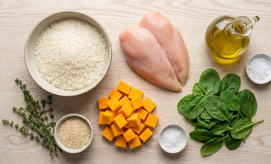 esposizione Ingredienti Bowl di riso, pollo e zucca