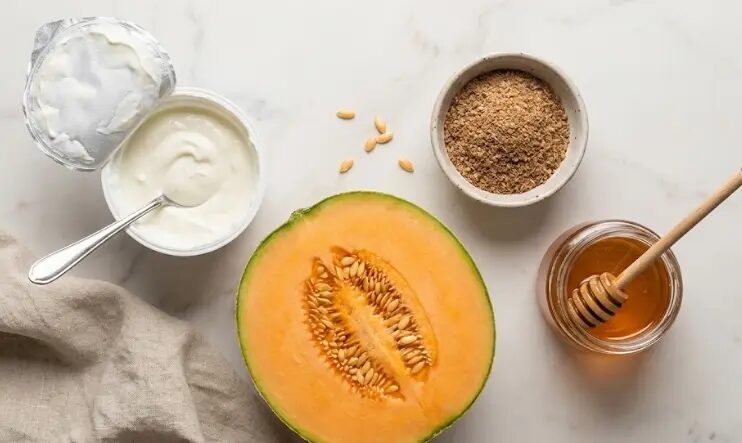 esposizione Ingredienti Bowl di yogurt greco con melone e semi di lino