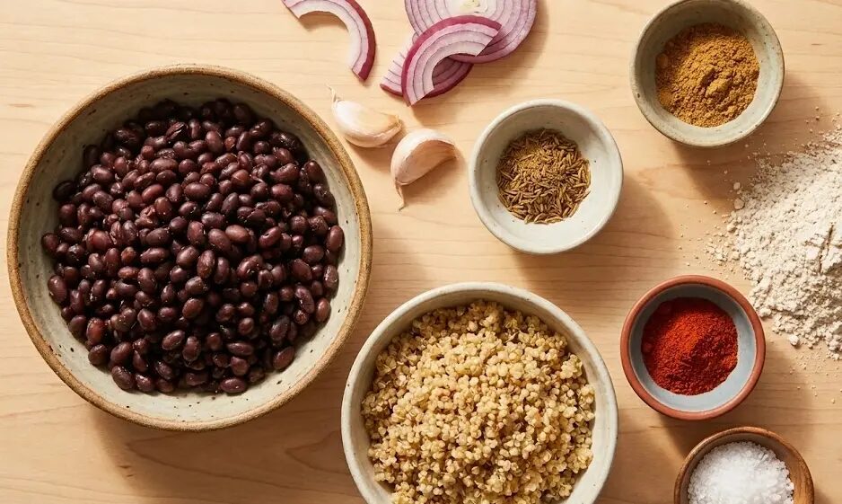esposizione Ingredienti Burger di fagioli neri e quinoa