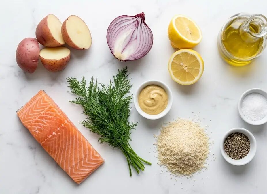 esposizione degli Ingredienti Burger di salmone e patate