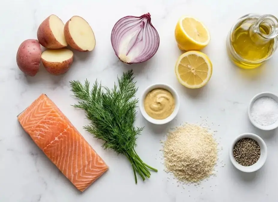 esposizione degli Ingredienti Burger di salmone e patate