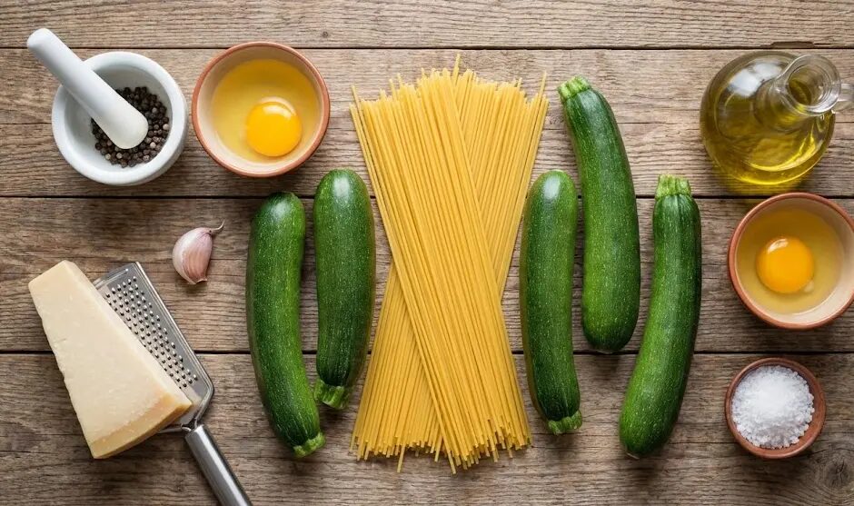 esposizione Ingredienti Carbonara vegetariana di zucchine