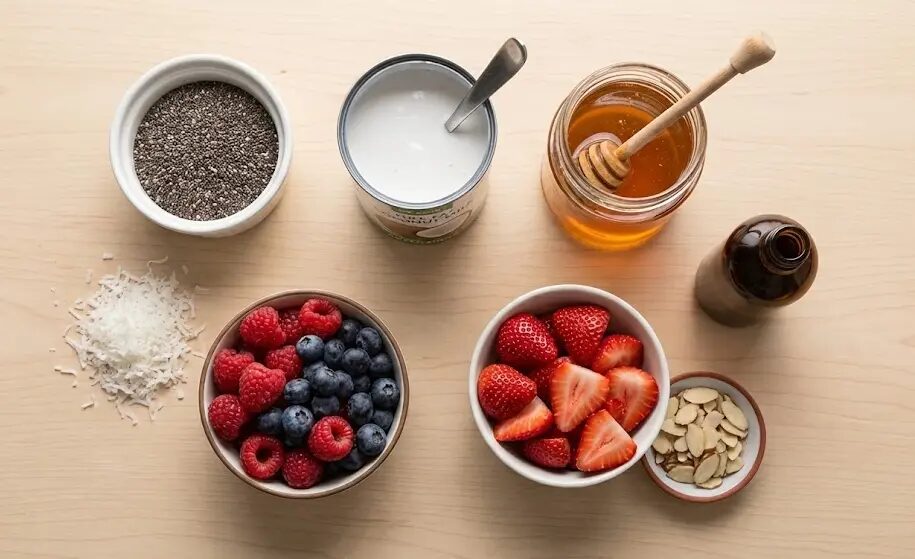 esposizione Ingredienti Chia Pudding latte di cocco e frutti rossi