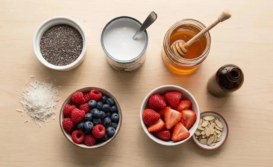 esposizione Ingredienti Chia Pudding latte di cocco e frutti rossi