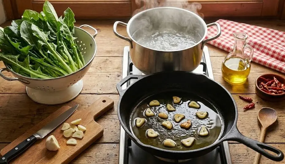 Ingredienti e Procedimento della Cicoria Ripassata Aglio, Olio e Peperoncino