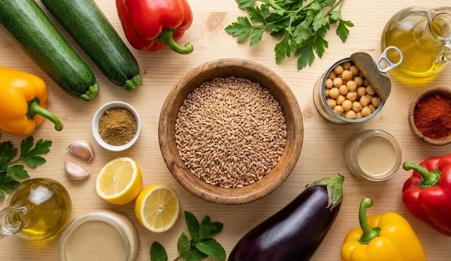 Ingredienti del Farro con Verdure Grigliate e Hummus