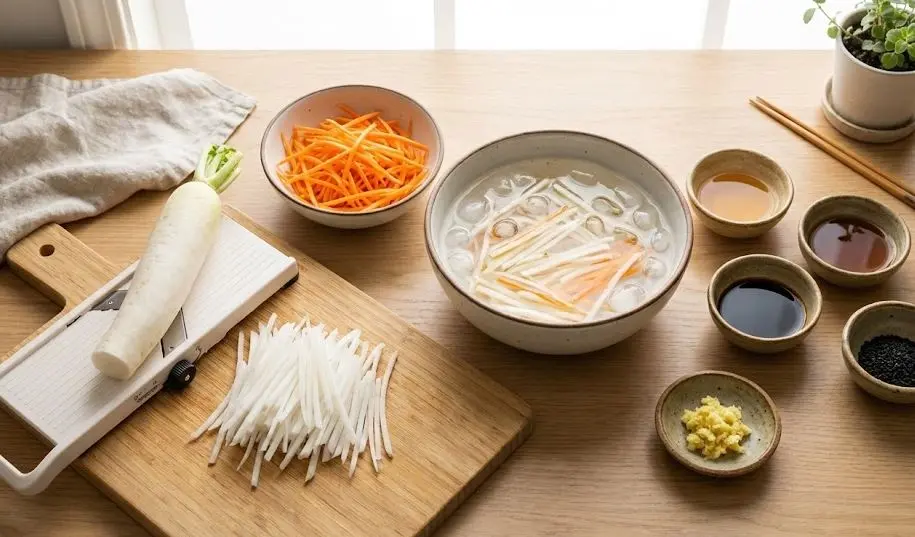 Immagine degli Ingredienti dell'Insalata di Daikon e Carote Julienne