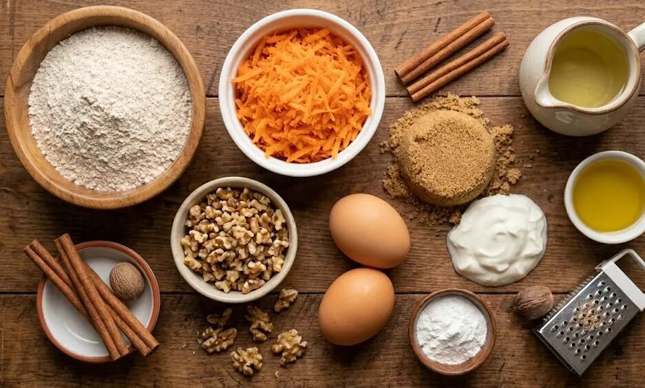 tavolo con Ingredienti Muffin integrali con carote e noci