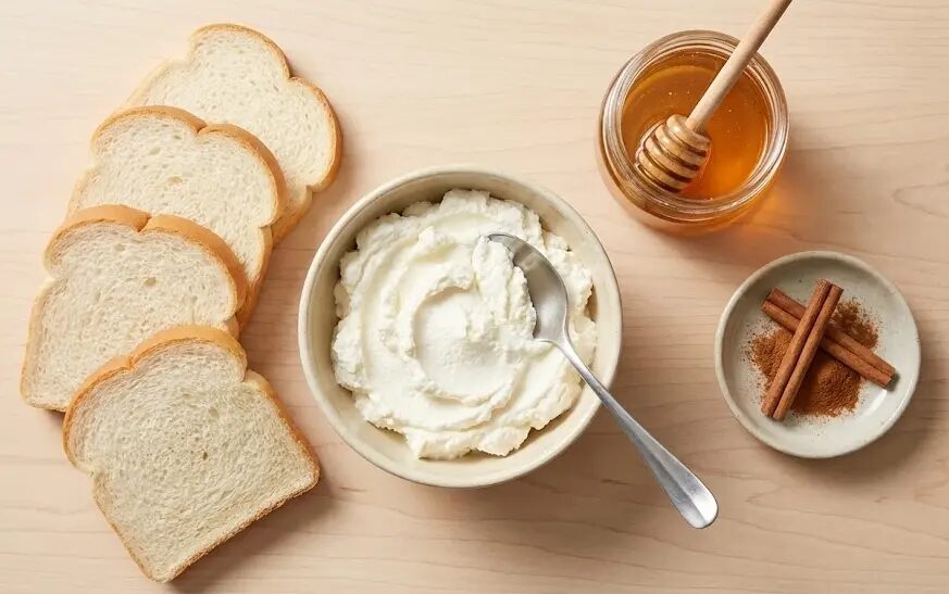 esposizione Ingredienti Pane bianco tostato con ricotta e miele
