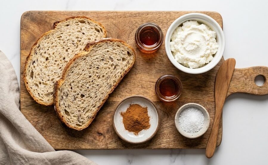 tagliere con Ingredienti Pane tostato con ricotta