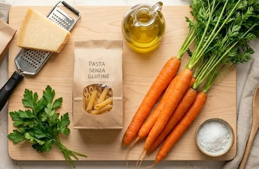 esposizione di Ingredienti Pasta con crema di carote dolci