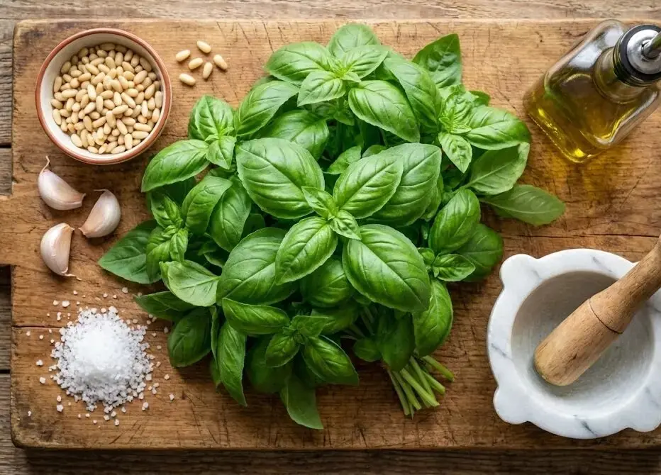tagliere con Ingredienti Pesto alla Genovese senza formaggio