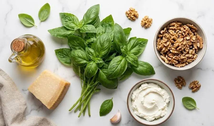 Ingredienti del pesto gentile di basilico, noci e ricotta