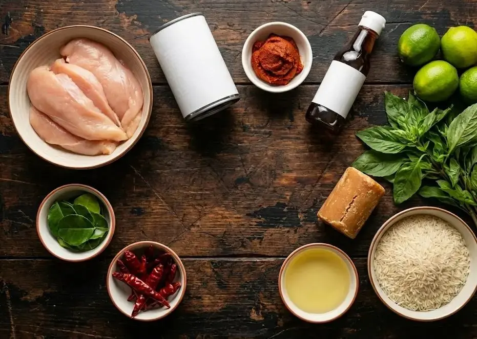 presentazione degli Ingredienti Pollo al Curry Thai con latte di cocco e riso Basmati