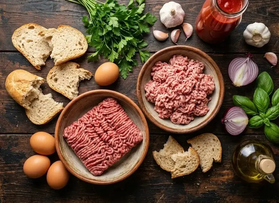 esposizione degli Ingredienti Polpette al sugo morbidissime senza latte e parmigiano