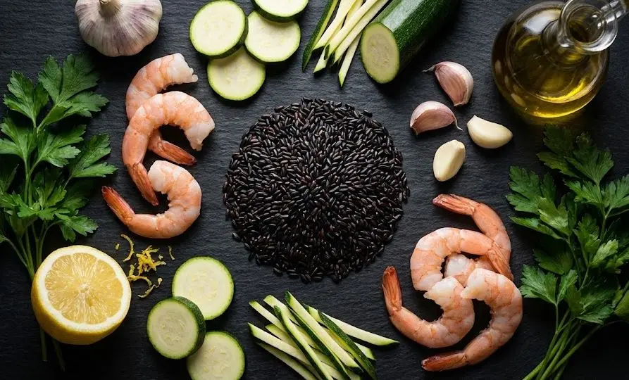 Immagine degli Ingredienti del Riso venere con gamberetti e zucchine