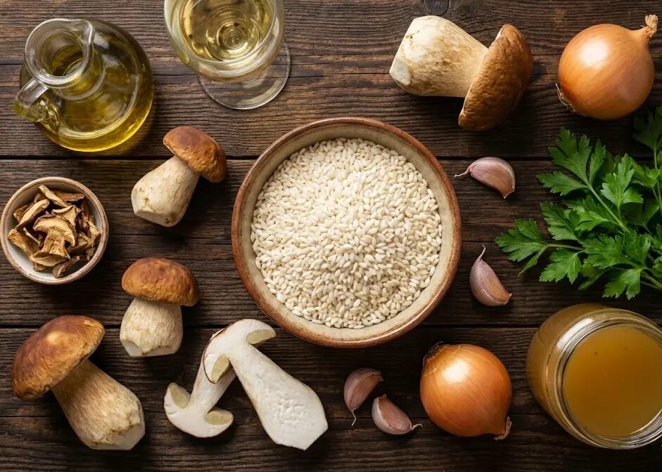 esposizione degli Ingredienti Risotto ai funghi senza Lattosio