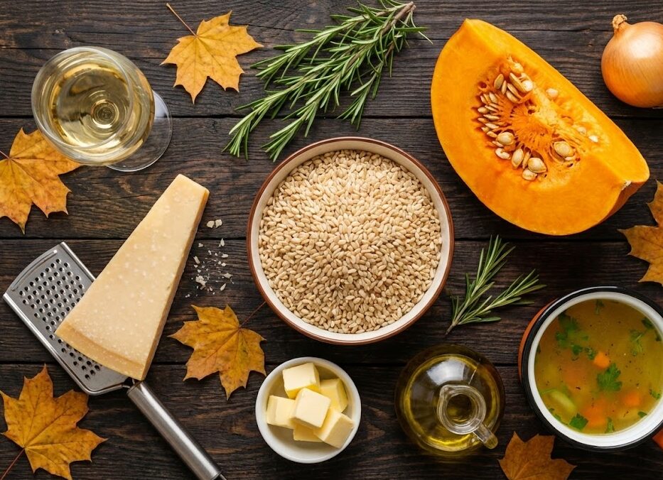 tavolo con Ingredienti Risotto integrale alla zucca