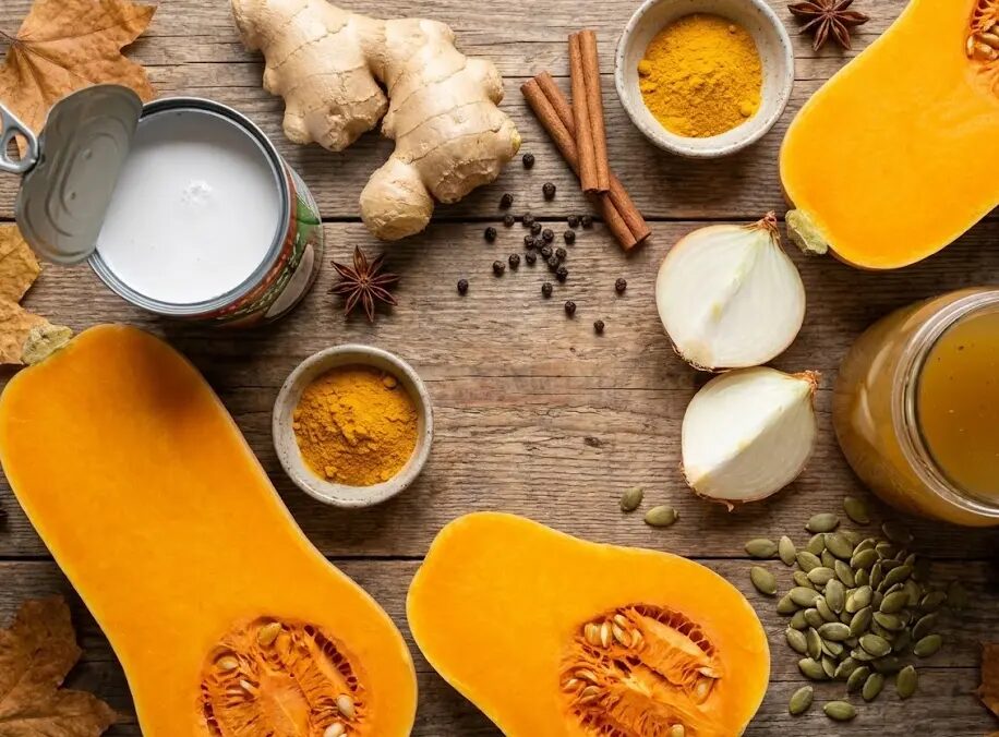 esposizione di Ingredienti Vellutata di zucca e latte di cocco