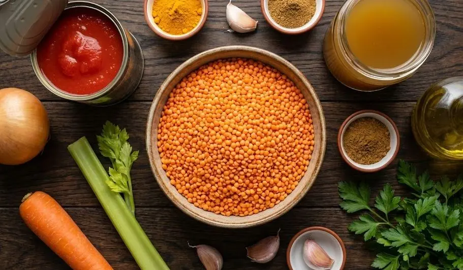 Ingredienti della zuppa di Lenticchie Rosse e Pomodoro