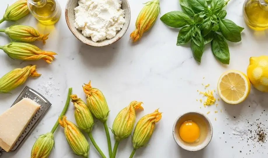 Immagine degli Ingredienti dei Fiori di Zucca al Forno Light
