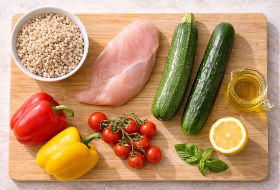 Immagine degli Ingredienti dell'Insalata di Orzo e Pollo Light