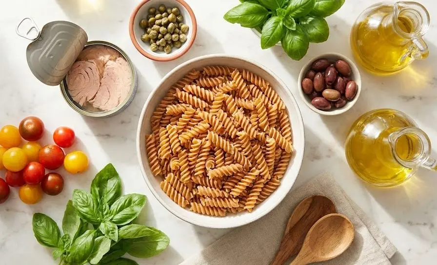 Immagine degli Ingredienti della Pasta Fredda Integrale con Tonno Light