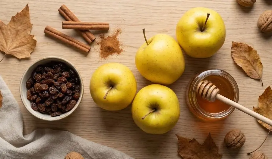 Ingredienti delle mele cotte al forno con cannella e uvetta
