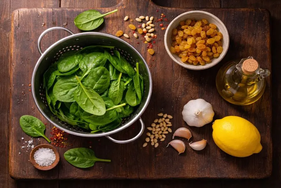Immagini degli ingredienti degli spinaci saltati