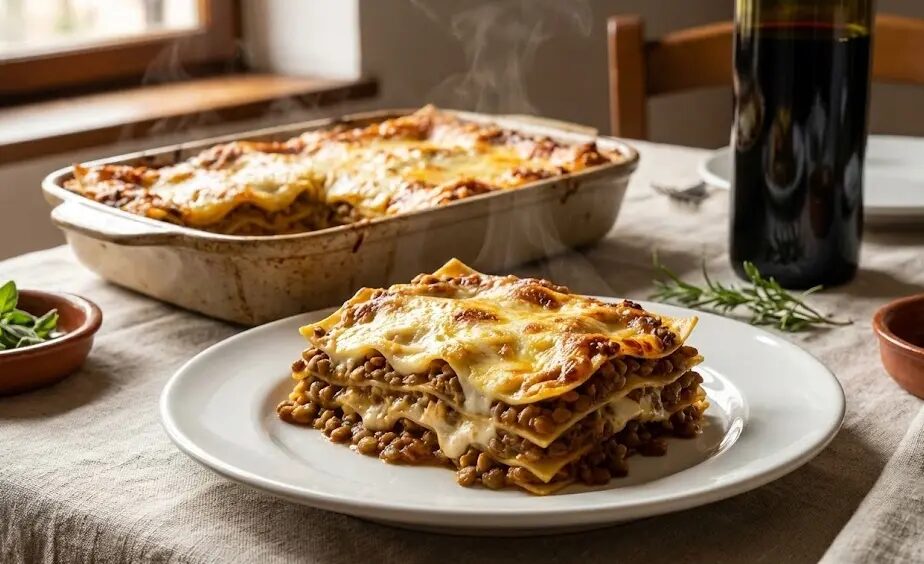 piatto con Lasagne vegetariane light con ragù di lenticchie