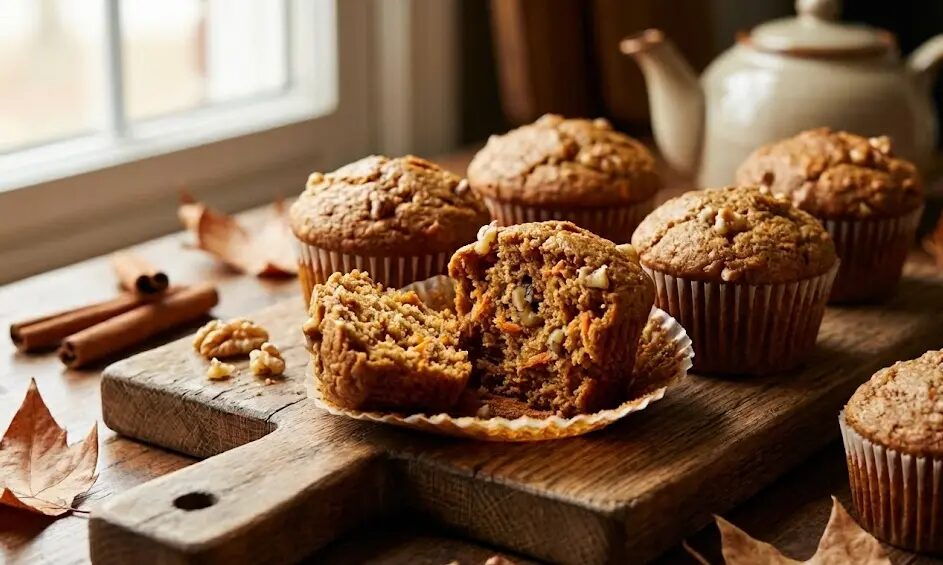 tagliere con Muffin integrali con carote e noci