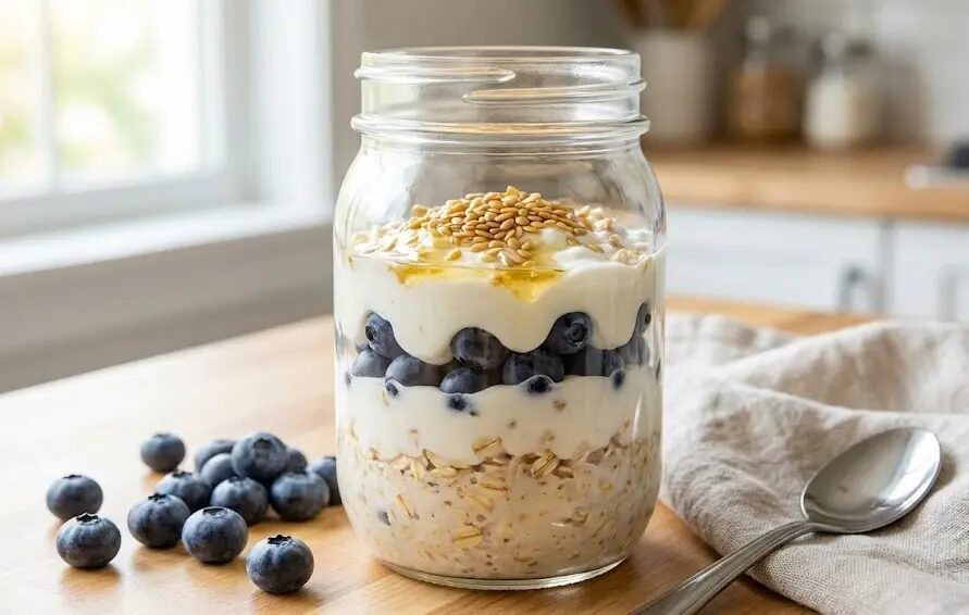 Barattolo di Overnight oats con semi di lino e mirtilli.