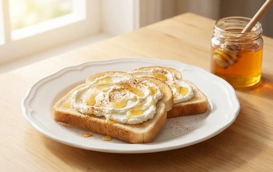 piatto con Pane bianco tostato con ricotta e miele