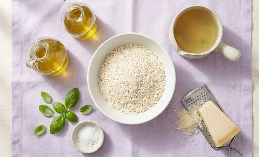 Ingredienti del Riso Risottato all'Olio EVO e Parmigiano