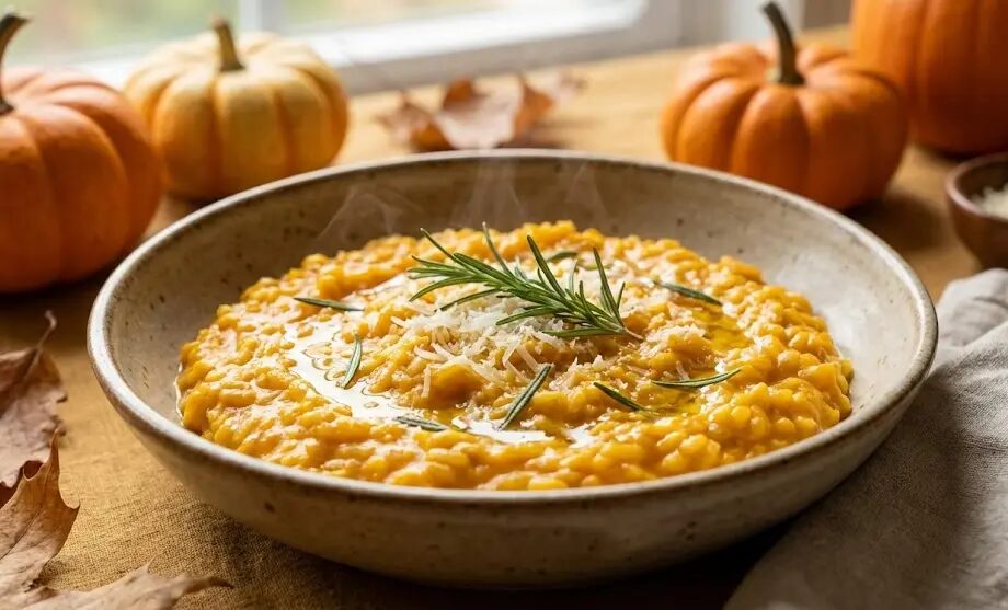 piatto di Risotto integrale alla zucca e rosmarino