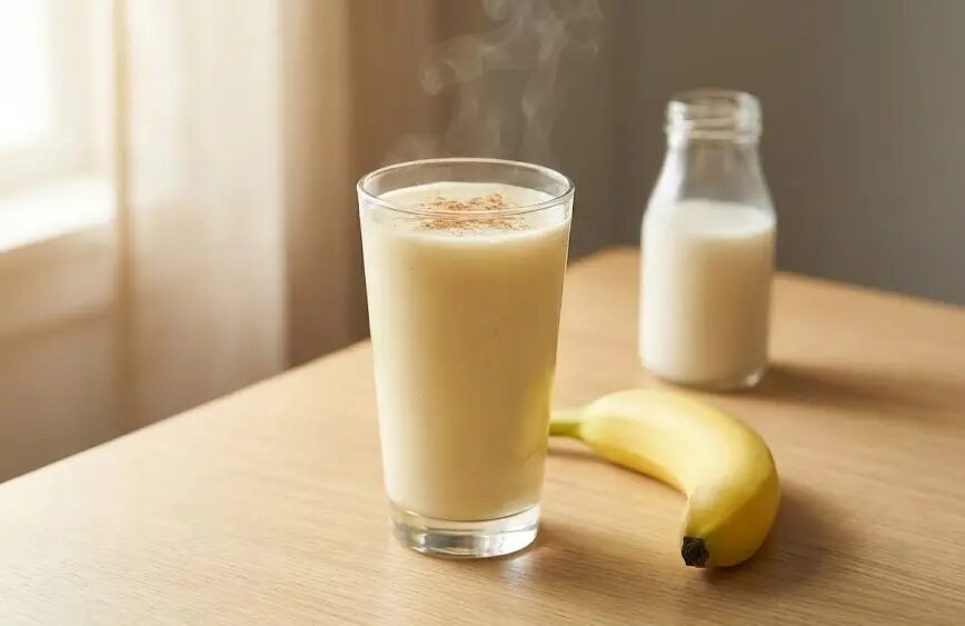 Bicchiere di Smoothie tiepido di banana e latte di riso