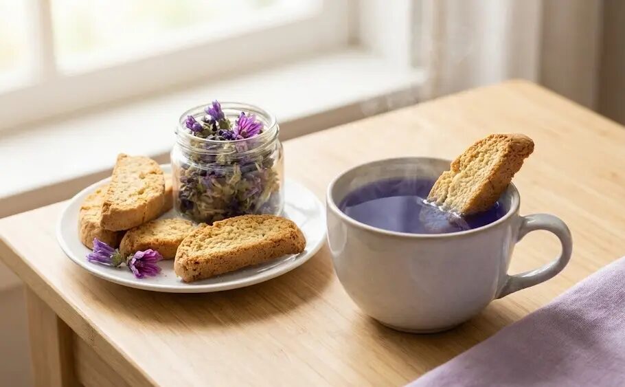 Tazza di Tisana alla malva e biscotti secchi all'olio